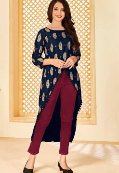 Foil Printed Rayon High Low Kurta in Navy Blue