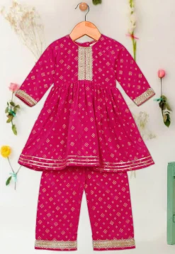 Foil Printed Rayon Kurta Set in Magenta