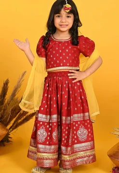 Foil Printed Rayon Lehenga in Maroon