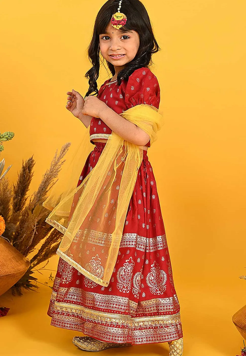 Foil Printed Rayon Lehenga in Maroon