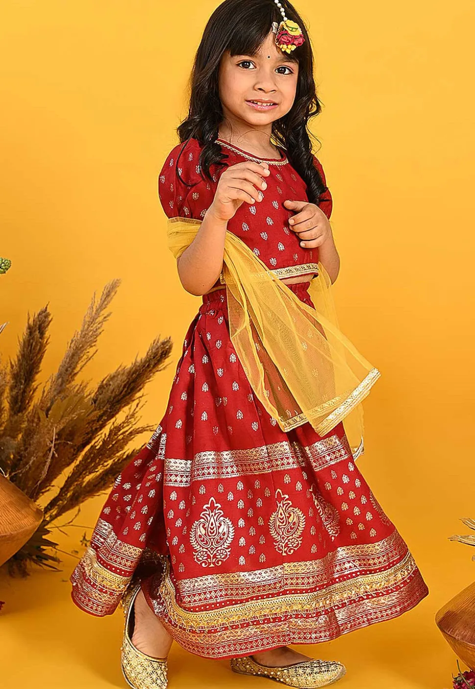Foil Printed Rayon Lehenga in Maroon