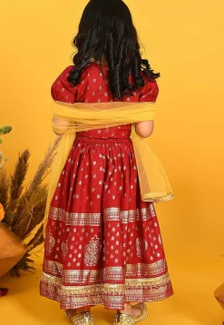 Foil Printed Rayon Lehenga in Maroon