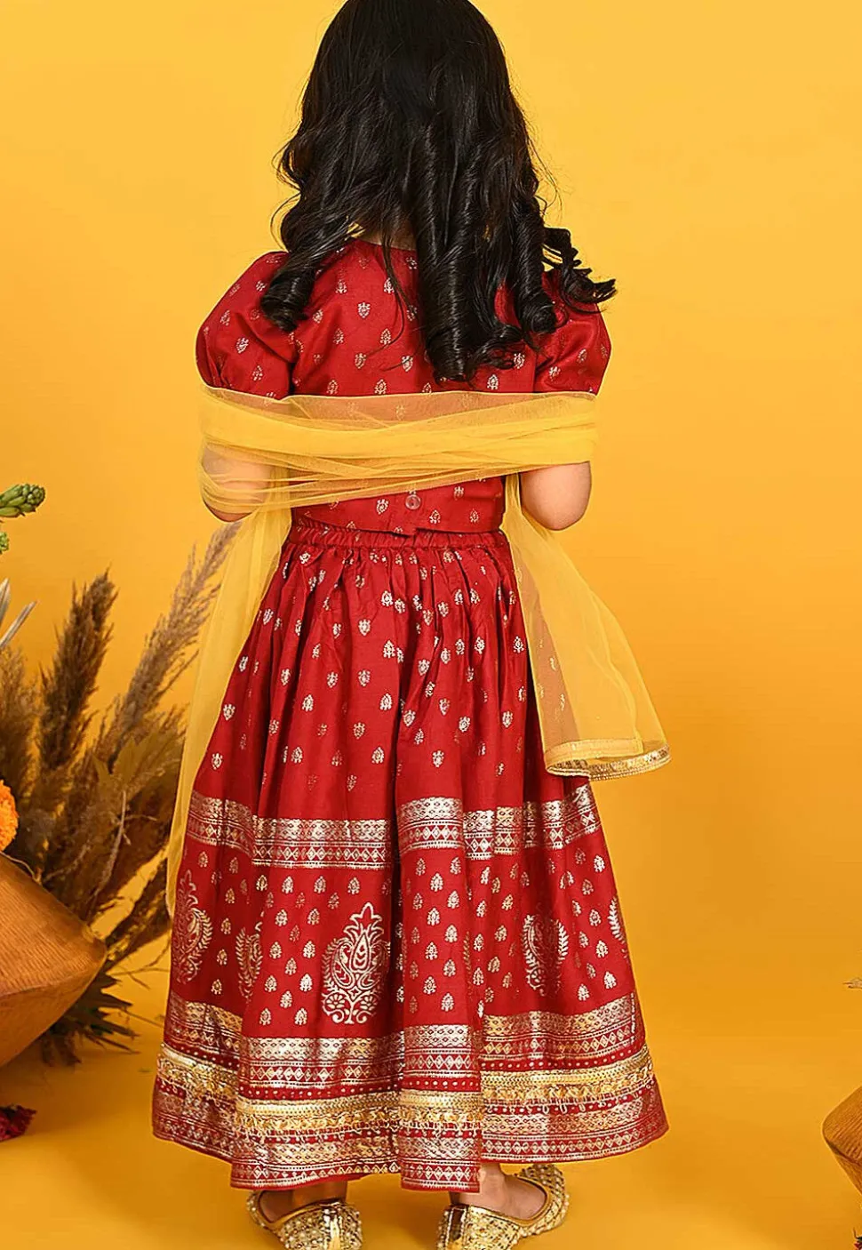 Foil Printed Rayon Lehenga in Maroon