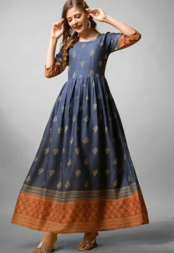 Foil Printed Rayon Long Kurta in Blue