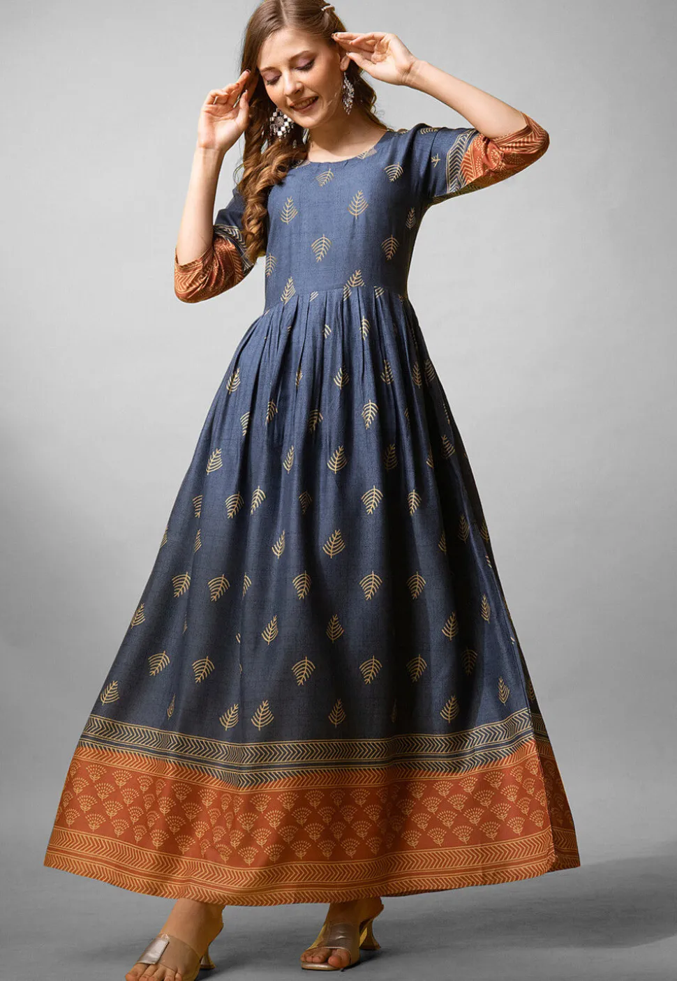 Foil Printed Rayon Long Kurta in Blue