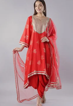 Foil Printed Rayon Punjabi Suit in Red