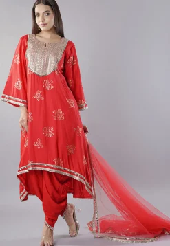 Foil Printed Rayon Punjabi Suit in Red