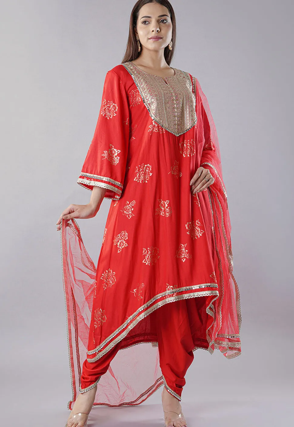 Foil Printed Rayon Punjabi Suit in Red