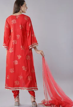 Foil Printed Rayon Punjabi Suit in Red