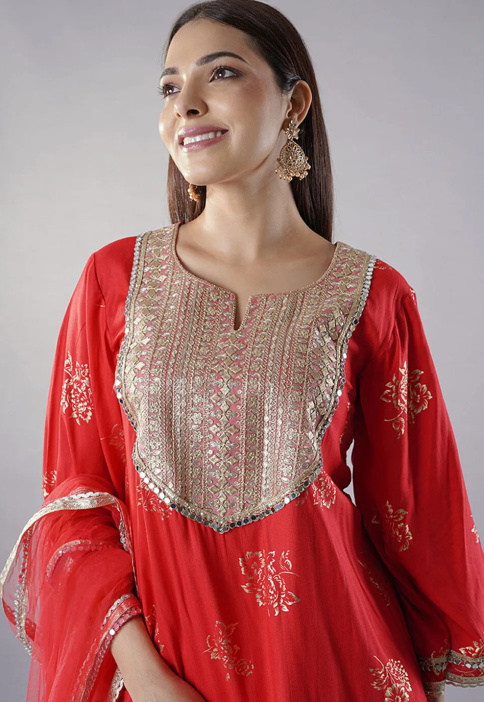 Foil Printed Rayon Punjabi Suit in Red