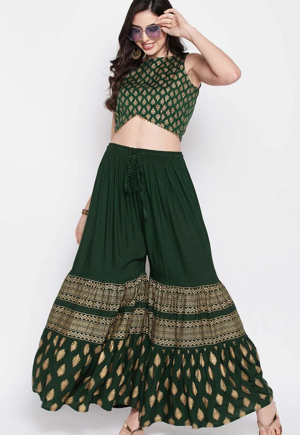 Foil Printed Rayon Sharara in Dark Green