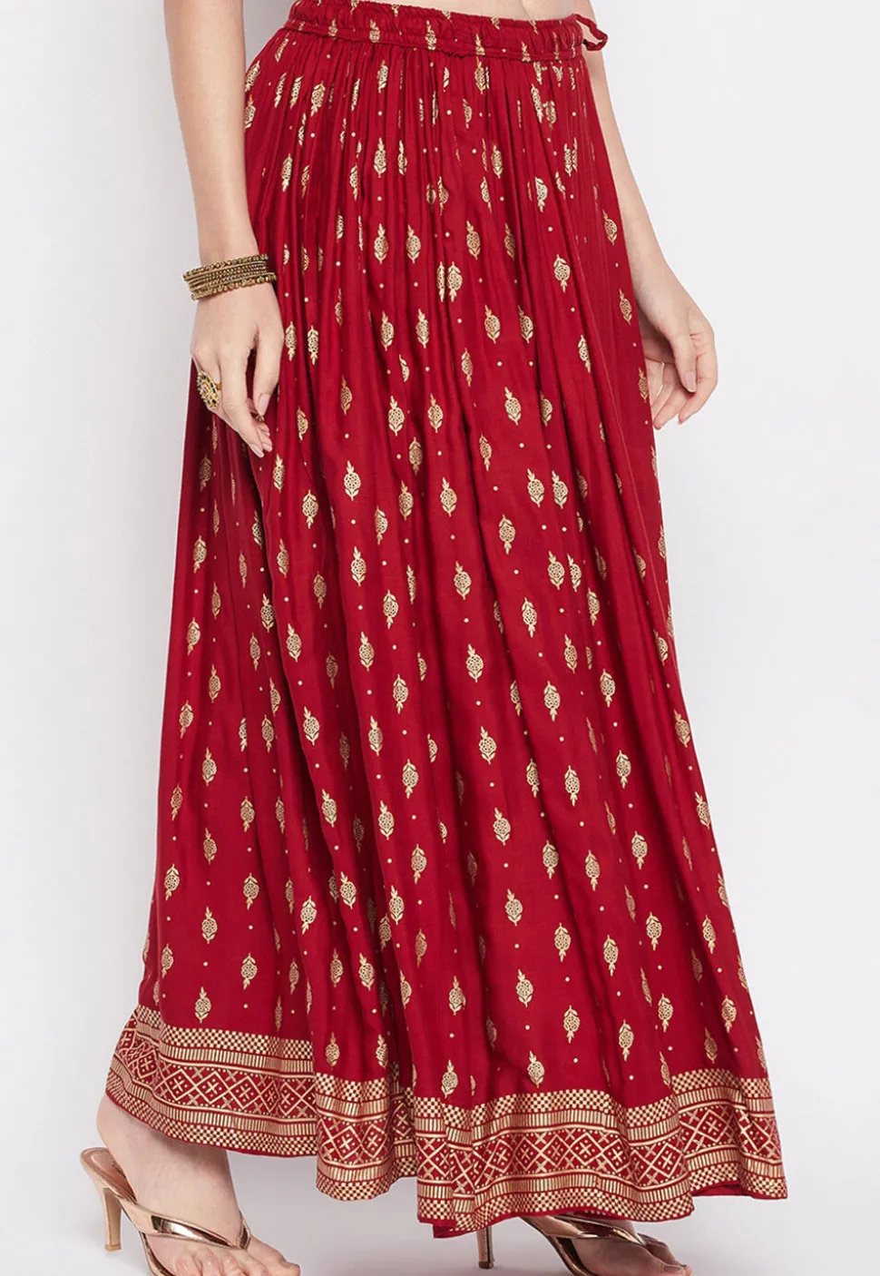 Foil Printed Rayon Skirt in Maroon