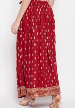 Foil Printed Rayon Skirt in Maroon