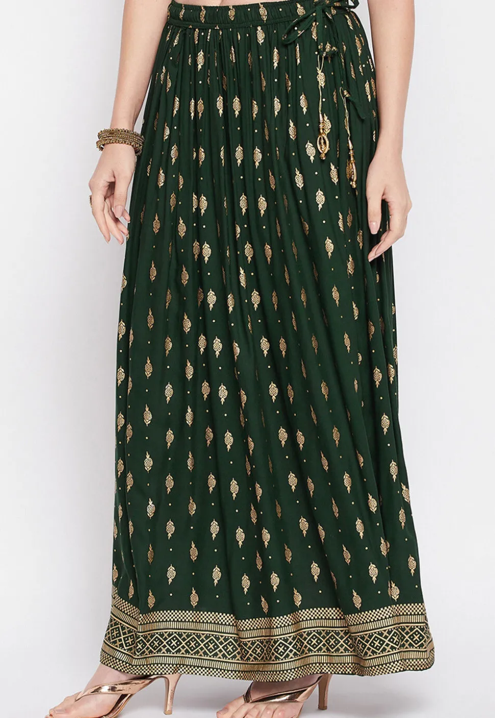 Foil Printed Rayon Skirt in Dark Green