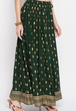 Foil Printed Rayon Skirt in Dark Green