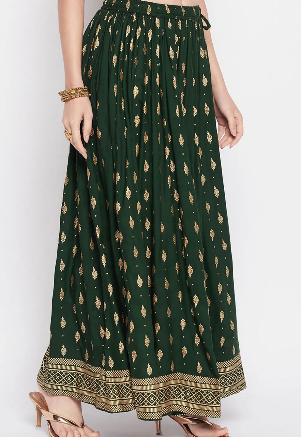 Foil Printed Rayon Skirt in Dark Green