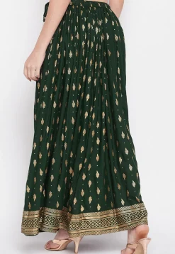 Foil Printed Rayon Skirt in Dark Green