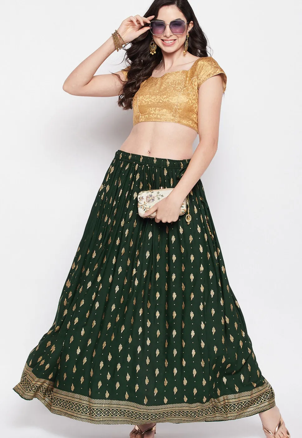 Foil Printed Rayon Skirt in Dark Green