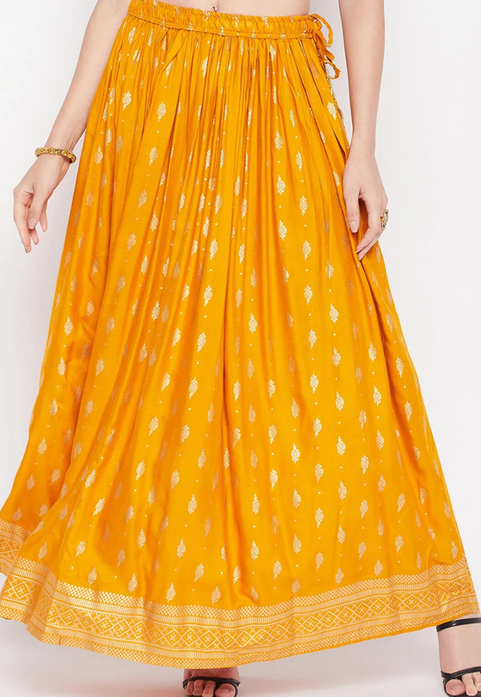 Foil Printed Rayon Skirt in Mustard