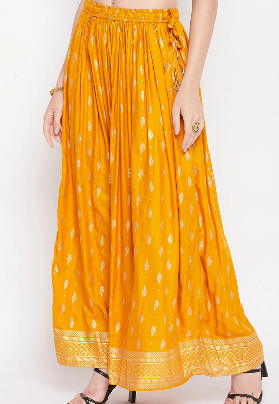 Foil Printed Rayon Skirt in Mustard