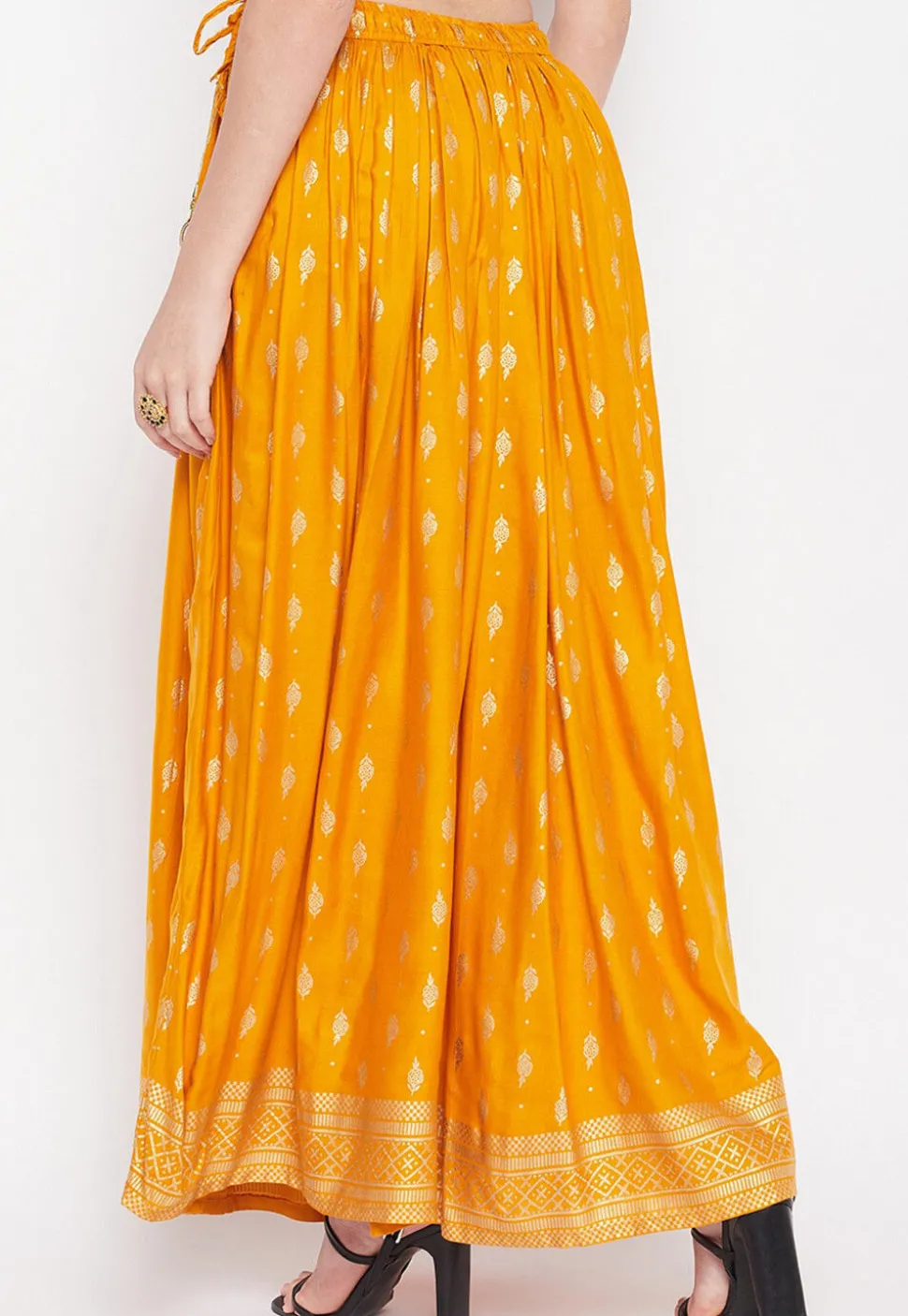 Foil Printed Rayon Skirt in Mustard