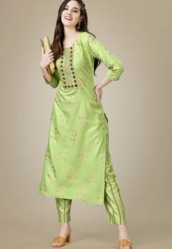 Foil Printed Rayon Straight Kurta Set in Light Green
