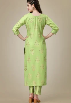 Foil Printed Rayon Straight Kurta Set in Light Green