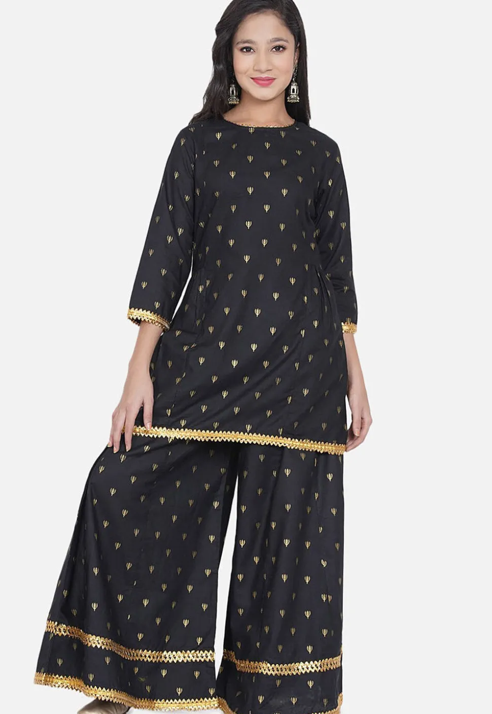 Foil Printed Rayon Straight Kurta Set in Black