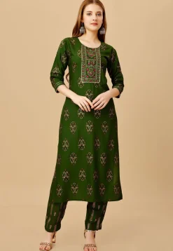 Foil Printed Rayon Straight Kurta Set in Green