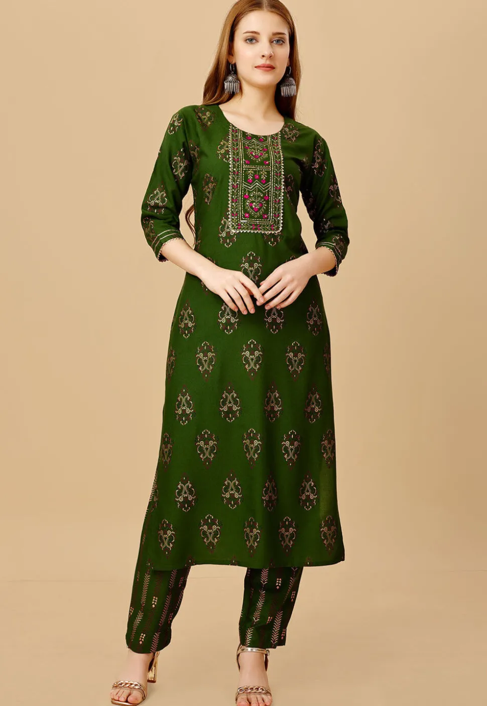 Foil Printed Rayon Straight Kurta Set in Green