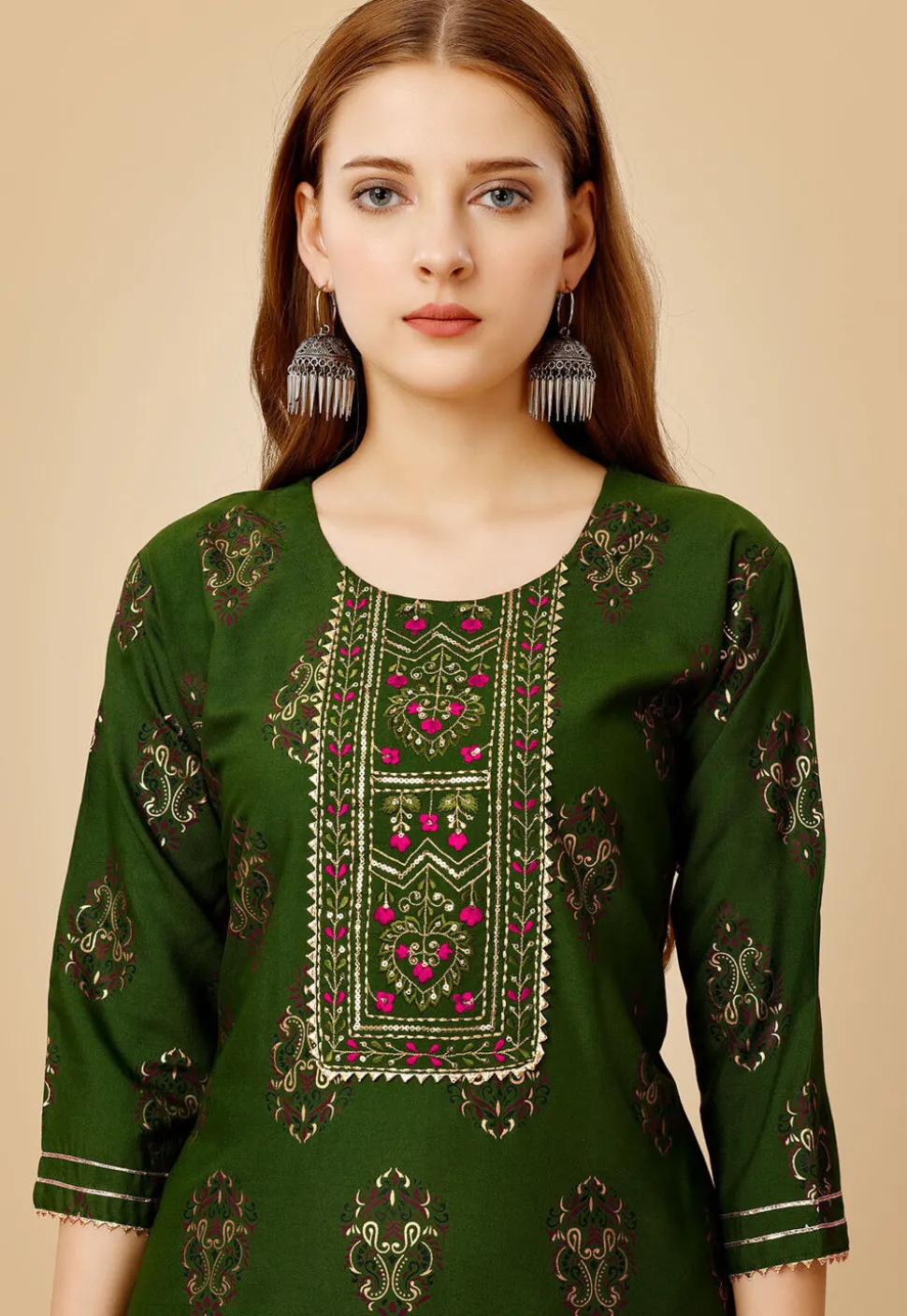Foil Printed Rayon Straight Kurta Set in Green