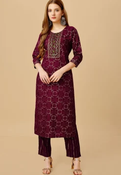 Foil Printed Rayon Straight Kurta Set in Magenta
