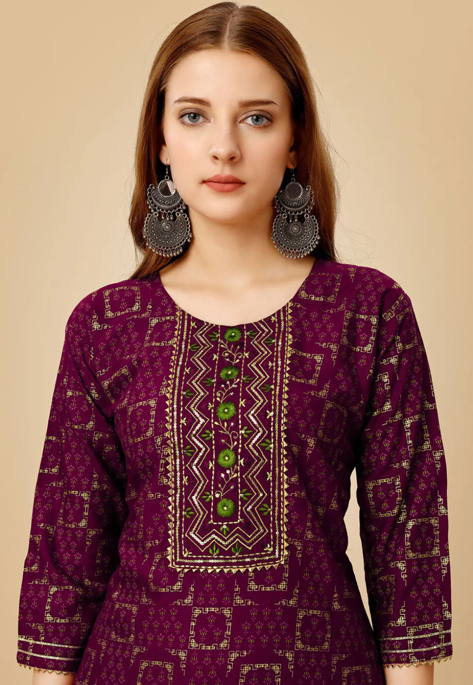 Foil Printed Rayon Straight Kurta Set in Magenta