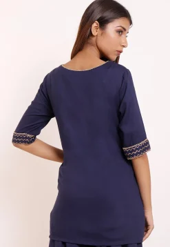 Foil Printed Rayon Tunic in Navy Blue