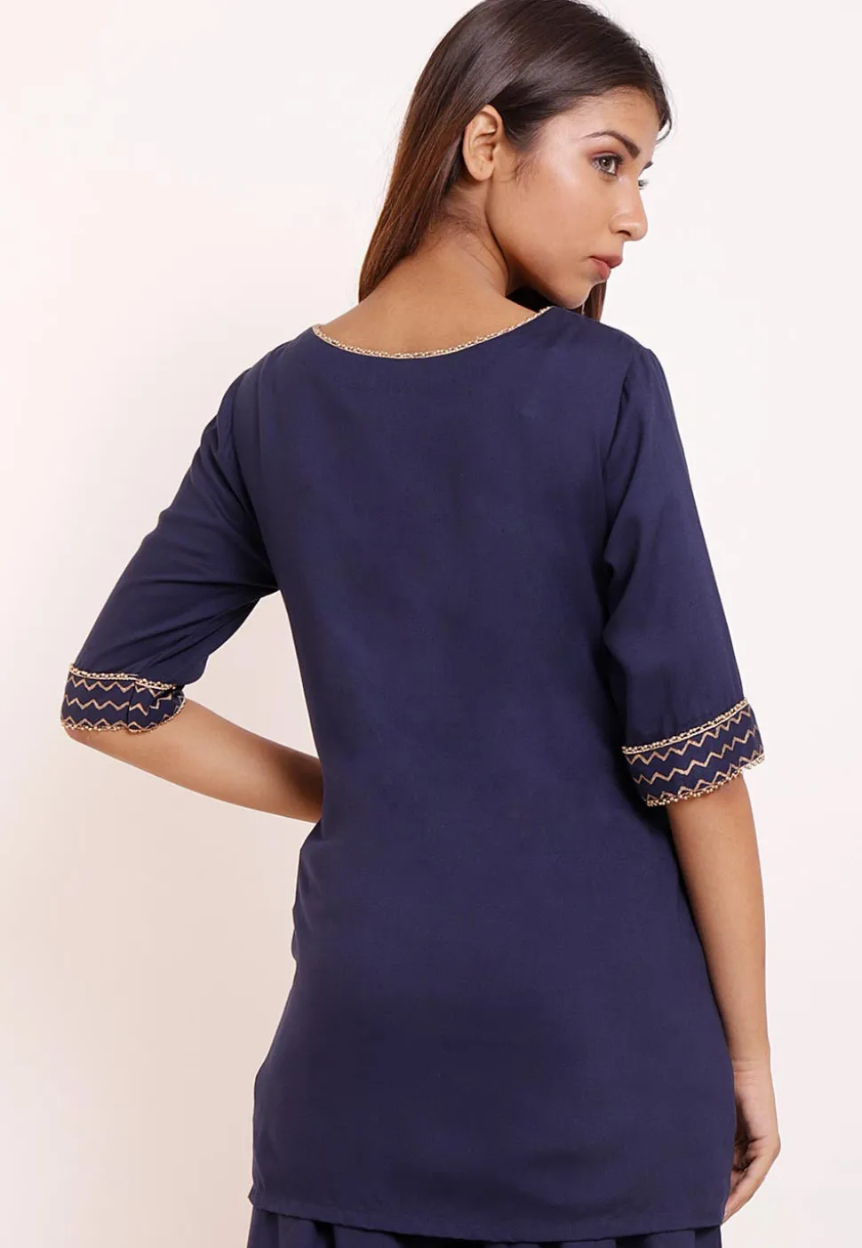 Foil Printed Rayon Tunic in Navy Blue