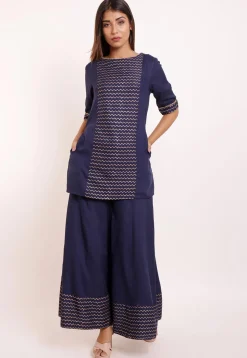 Foil Printed Rayon Tunic in Navy Blue