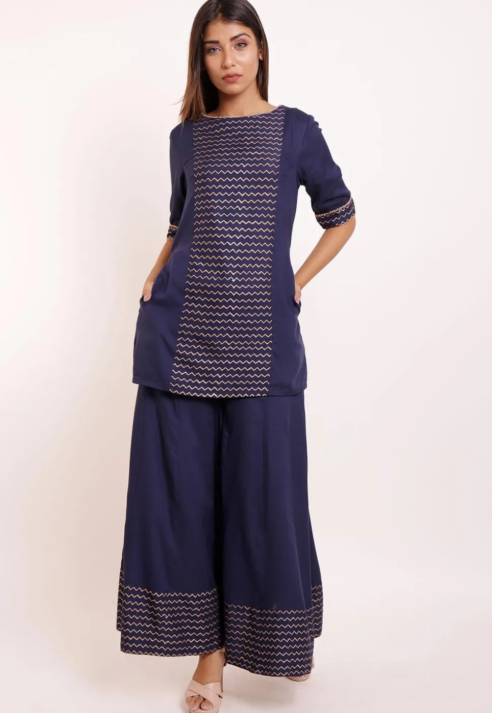 Foil Printed Rayon Tunic in Navy Blue