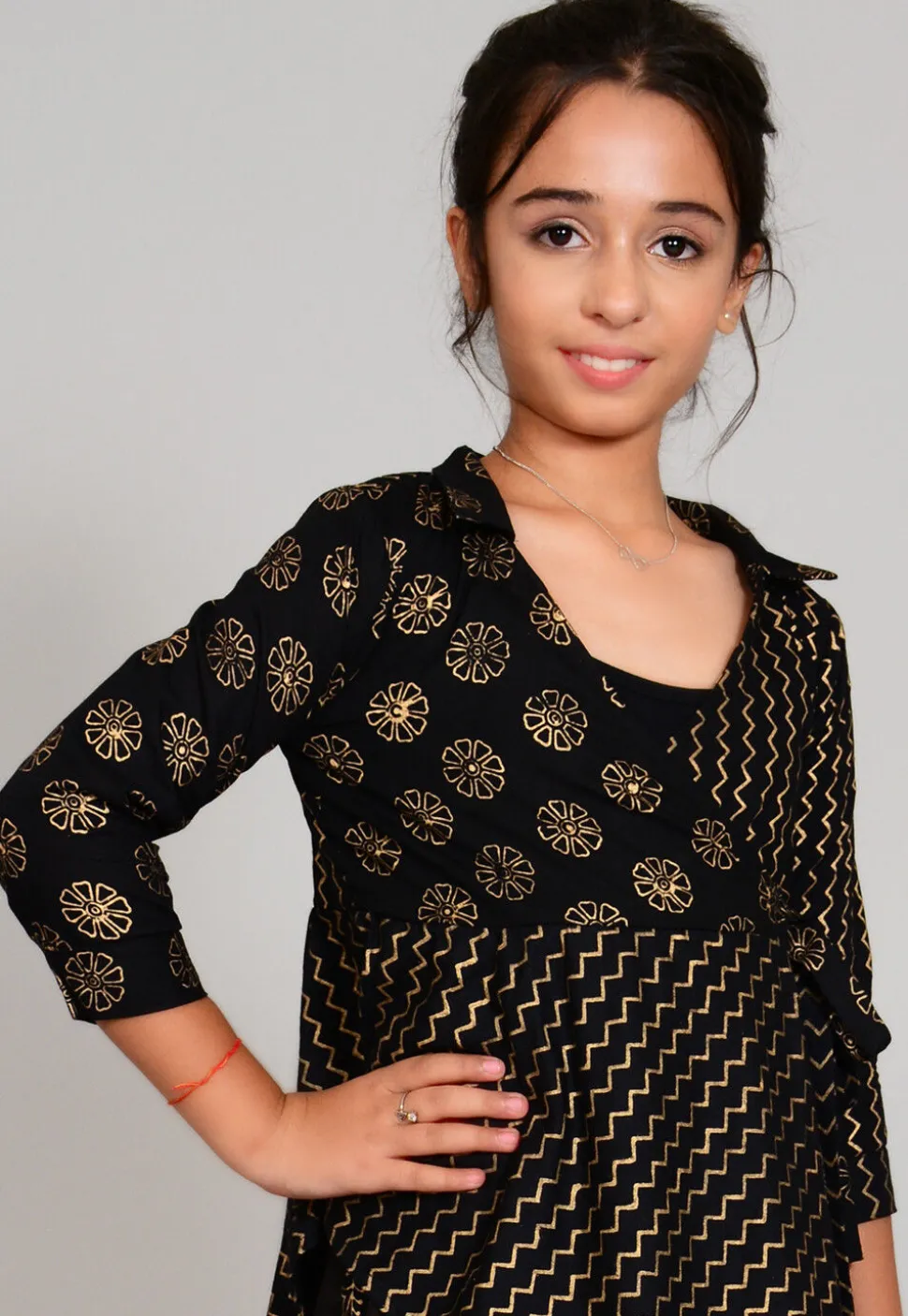 Foil Printed Rayon Wrap Around Top Set in Black