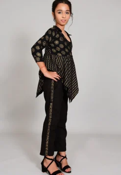 Foil Printed Rayon Wrap Around Top Set in Black