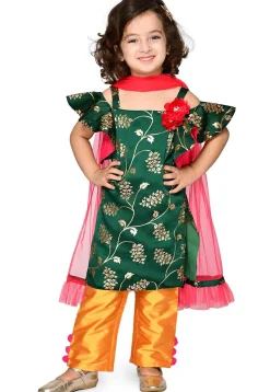 Foil Printed Satin Pakistani Suit in Dark Green