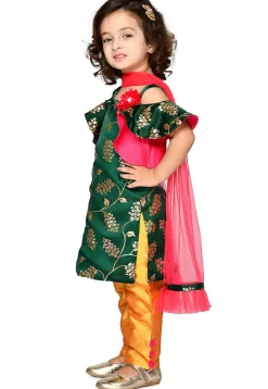 Foil Printed Satin Pakistani Suit in Dark Green