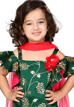 Foil Printed Satin Pakistani Suit in Dark Green