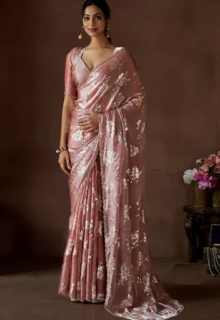 Foil Printed Satin Silk Scalloped Saree in Pink
