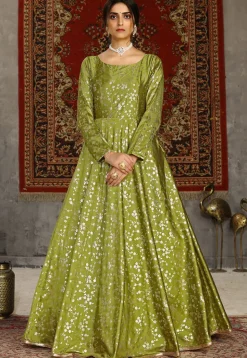 Foil Printed Taffeta Silk Gown in Olive Green