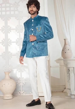 Foil Printed Velvet Jodhpuri Suit in Blue