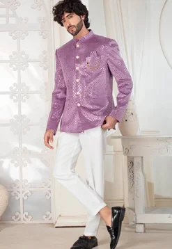 Foil Printed Velvet Jodhpuri Suit in Purple