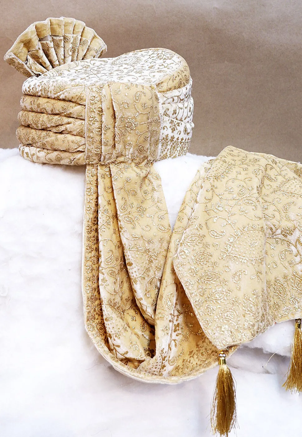 Foil Printed Velvet Turban in Beige