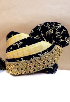 Foil Printed Velvet Turban in Navy Blue