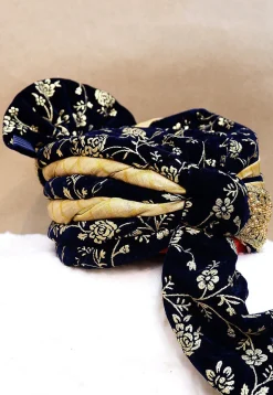 Foil Printed Velvet Turban in Navy Blue