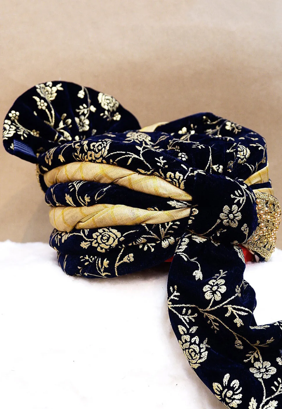 Foil Printed Velvet Turban in Navy Blue